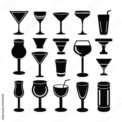 Various drinking glasses and containers cocktail glasses