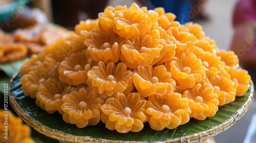 Golden Flower-Shaped Thai Sweets on Display at a Market