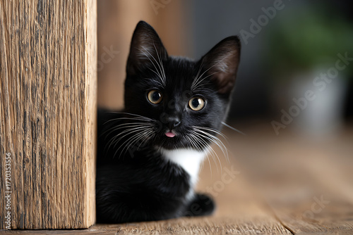 playful kitten portrait, small tuxedo kitten with golden eyes and mischievous expression, standing at wooden doorway with tongue peeking out playfully cute and charming