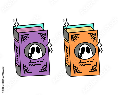 Delightful Halloween Spellbook Illustrations Featuring Cute Ghost Characters and Festive Web Designs