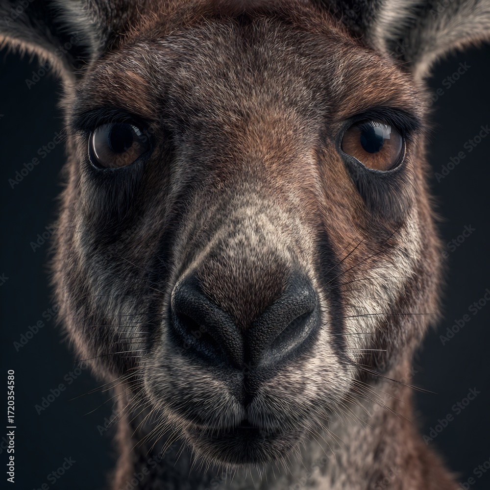 Fototapeta premium Hyper realistic close up of kangaroo face with lifelike fur strong jawline and expressive eyes in wildlife portrait