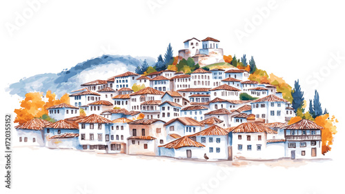 Berat Old Town. Berat Old Town watercolor vector illustration