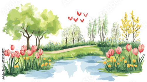 Keukenhof Gardens. Keukenhof Gardens watercolor vector illustration