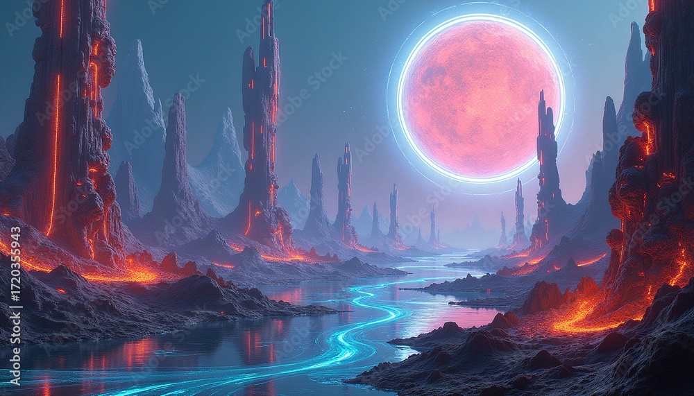 Obraz premium Alien Landscape Under Glowing Moon