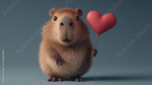 Cute Capybara with Heart Balloon: A charming and adorable capybara holds a heart-shaped balloon against a clean backdrop, evoking feelings of love and affection in this whimsical illustration.