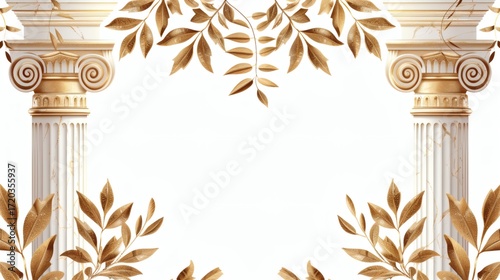 Elegant ancient greek pillars with golden leaves frame a bright white copy space, ideal for announcements, invitations, and sophisticated marketing designs