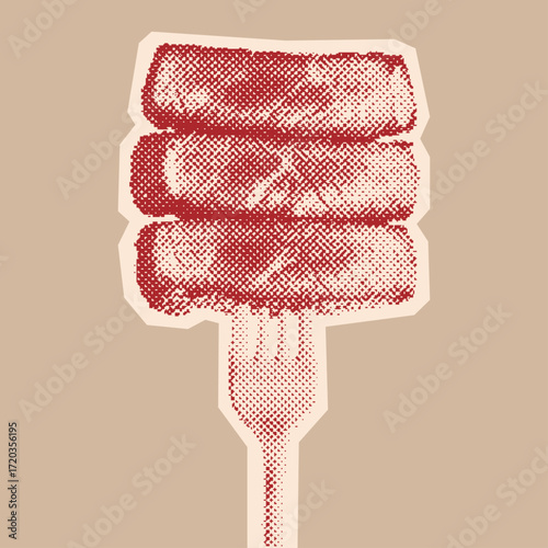 three slices of medium-rare steak on a fork, retro stipple effect, vintage photocopy illustration