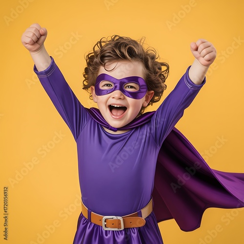 Excited little child in superhero costume with cape and mask raising fists