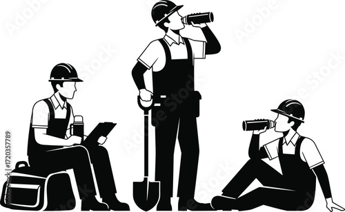 Construction workers taking break silhouette, safety gear, black vector illustration for labor, rest, teamwork, and industrial lifestyle themes