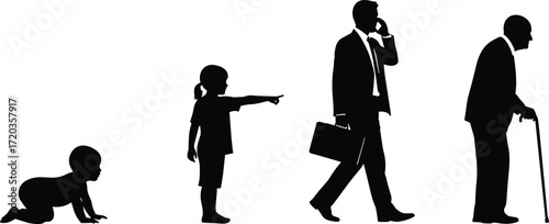 Human life stages silhouette from baby to elderly, aging concept, black vector illustration for development, growth, and timeline themes