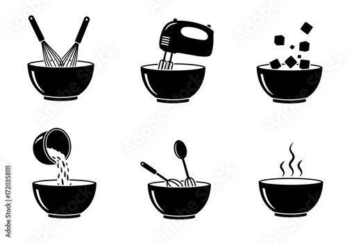 Mixing Bowls with Kitchen Utensils Silhouette Icons for Cooking and Baking Design