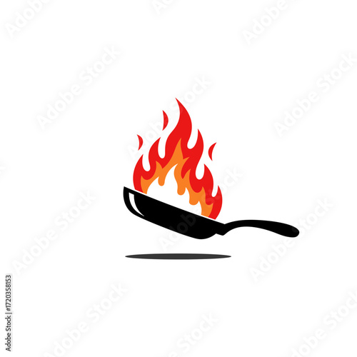 Frying Pan with Flames Cooking Icon for Restaurant and Culinary Design