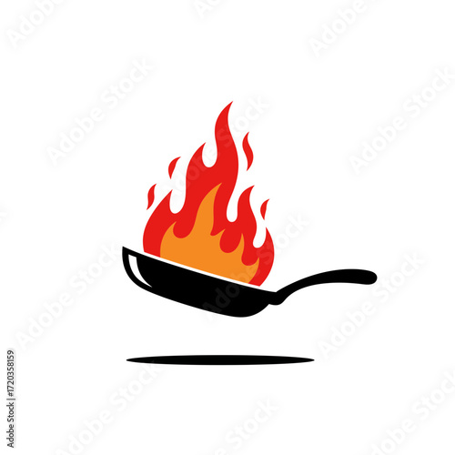 Frying Pan with Flames Cooking Icon for Restaurant and Culinary Design
