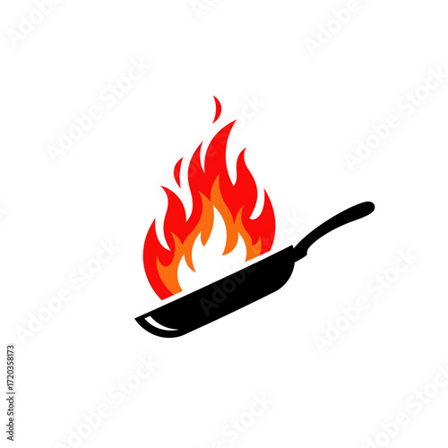 Frying Pan with Flames Cooking Icon for Restaurant and Culinary Design