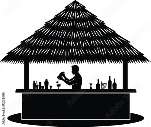 Silhouette bartender at tropical tiki bar with cocktail shaker, black vector illustration for vacation, leisure, drink, and hospitality themes