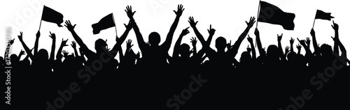 Silhouette crowd raising hands and waving flags, black vector illustration for protest, celebration, unity, activism, and public gathering themes