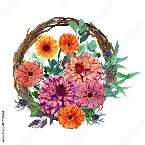 PNG Watercolor floral composition isolated. Botanical Illustration of Zinnia, Dahlia, eucalyptus in bouquet. Template for cards, wedding invitations, celebration decor, covers. Autumn Garden flowers