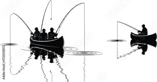 Silhouette fishing boats on water with reflections, peaceful outdoor scene, black vector illustration for nature, leisure, and lifestyle themes