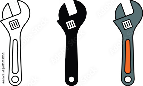 Three adjustable wrenches isolated on white background, different styles