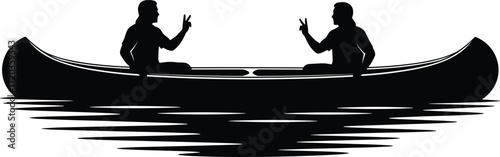 Silhouette people in canoe making peace sign, water reflection scene, black vector illustration for nature, travel, and lifestyle themes
