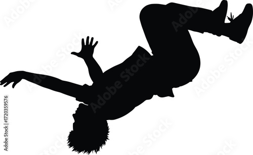 Silhouette person performing backflip in mid-air, dynamic acrobatic pose, black vector illustration for sport, motion, and fitness themes