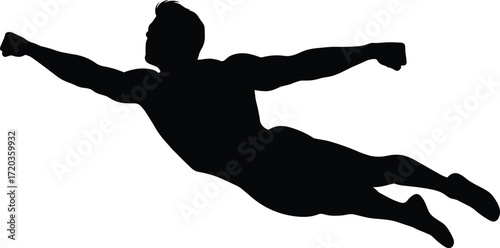 Silhouette superhero flying with arms extended, dynamic airborne pose, black vector illustration for action, fantasy, comic, and hero themes