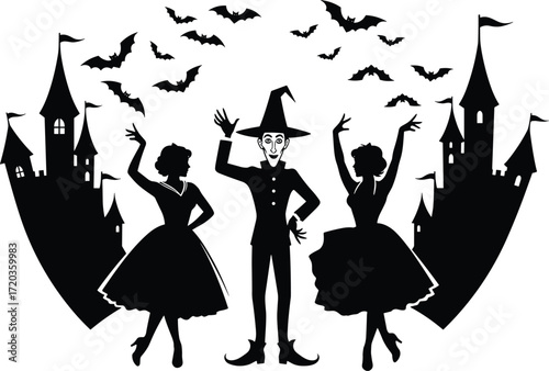 Silhouette wizard and women in gothic castle scene with bats, black vector illustration for fantasy, Halloween, magic, and mystery themes