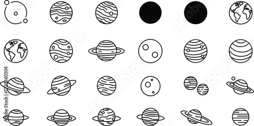 Stylized planet and celestial body icons in grid layout, black vector set for astronomy, science fiction, and space design themes