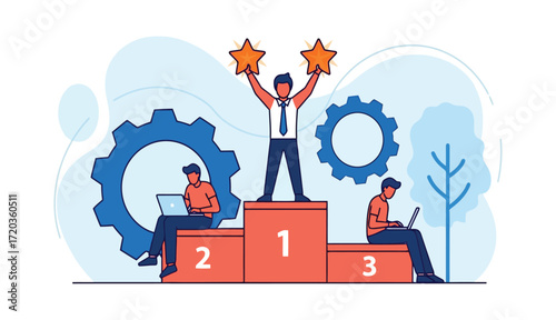 Business competition winners on podium with stars and gears