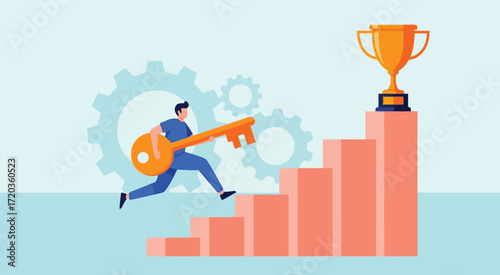 Man Runs Up Stairs with Giant Key Towards Trophy running