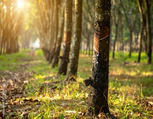 Rubber tree plantation, sunlit rows