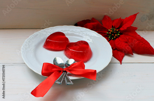 Romantic dessert: red gelatin hearts, love, date, engagement, Valentine's Day