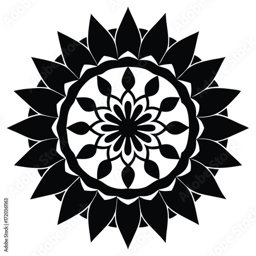 Monochromatic Circular Mandala Design with Intricate Details Vector Illustration