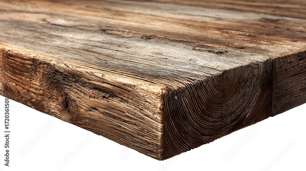 Fototapeta premium Isolated on white, a corner of a wood or wooden tabletop is visible. 