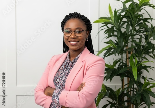 Wallpaper Mural A smiling black woman with glasses and braided hair, wearing a pink blazer and patterned shirt, with her arms crossed, standing in front of a plant and a white wall Torontodigital.ca