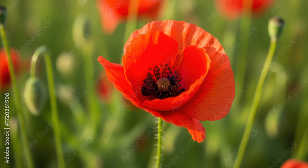 Fototapeta premium Vibrant Close-Up of a Single Red Poppy Flower in Full Bloom with Delicate Petals and a Dark Center Against a Soft Green Field Background in Natural Sunlight