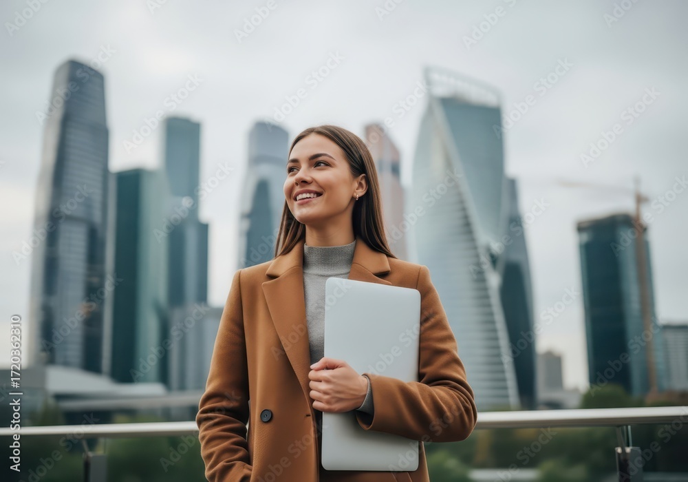 Fototapeta premium A smiling businesswoman holding a laptop in front of modern skyscrapers, embodying success and urban professionalism