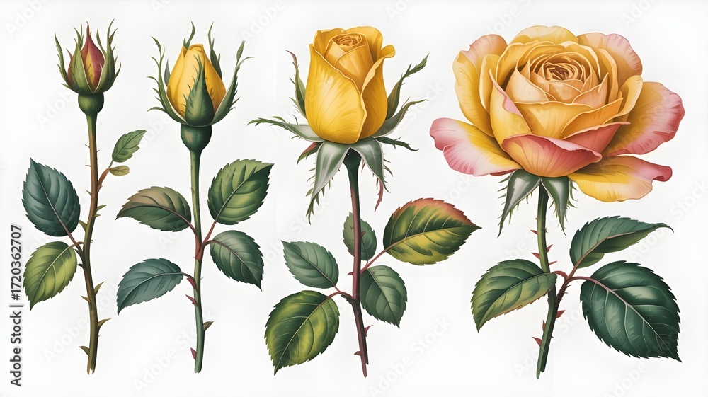 Obraz premium A collection of yellow roses in various stages of bloom, isolated on white background