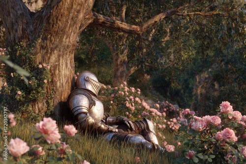 A knight in full armor resting peacefully under a blossoming tree in a serene garden