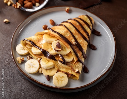 delicious folded crepes filled with sliced bananas topped with chocolate sauce and nuts ideal for a sweet breakfast or dessert