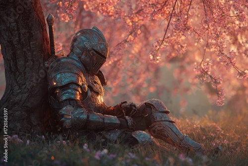 A knight resting beneath a blossoming cherry tree, a moment of respite in a serene setting. The knight in full armor under the cherry blossoms and a sword on his back.