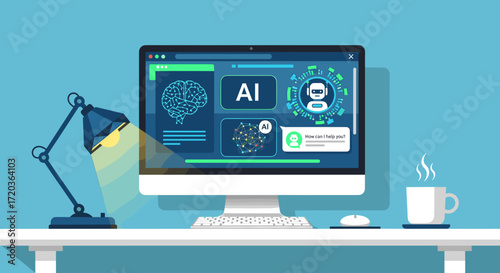 Artificial intelligence ai concept on computer screen with chatbot and brain graphic illustration -