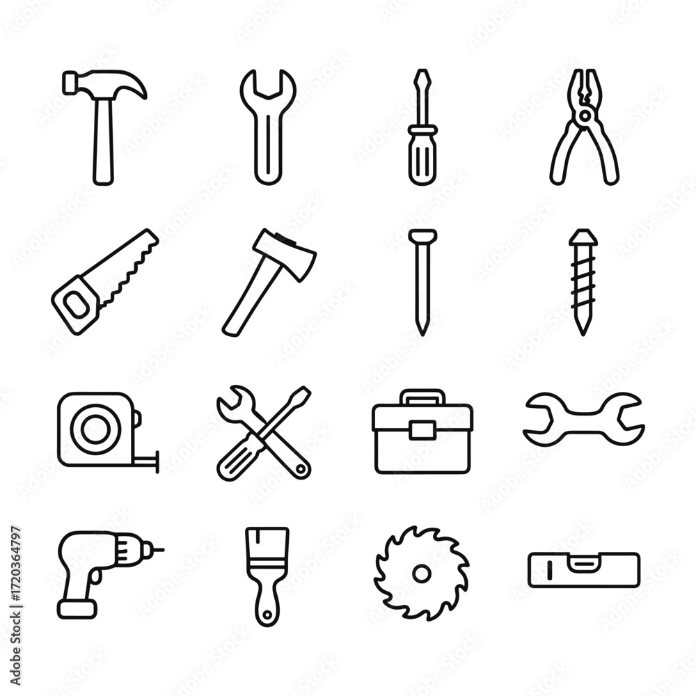 Obraz premium Tools icon set collection. Outline symbols. Line design