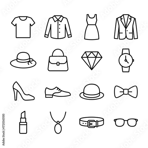 Women fashion icons vector pack. Outline symbols. Line design