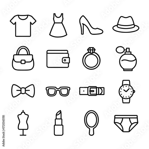 Clothing and accessories icons collection. Outline symbols. Line design