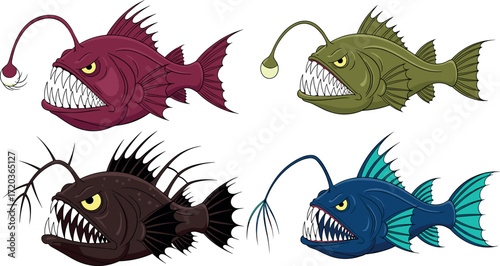 Cartoon anglerfish vector set with glowing lures, deep sea creatures, scary teeth, colorful marine monsters, isolated underwater illustration pack