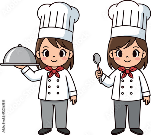 Cartoon chefs in uniform holding tray and spoon, smiling kitchen staff characters for cooking, restaurant, culinary, food service concepts