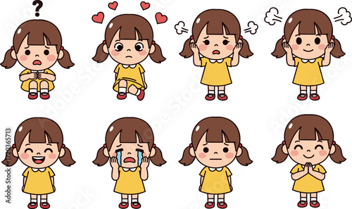 Cartoon girl expressing emotions vector set – happy, sad, angry, confused, crying, love, gratitude – child character illustration pack