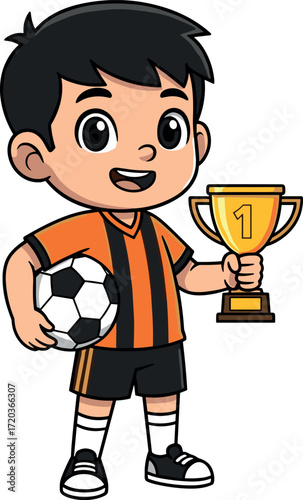 Cheerful young soccer champion boy holding trophy and ball in sports uniform celebrating victory and achievement on white background illustration