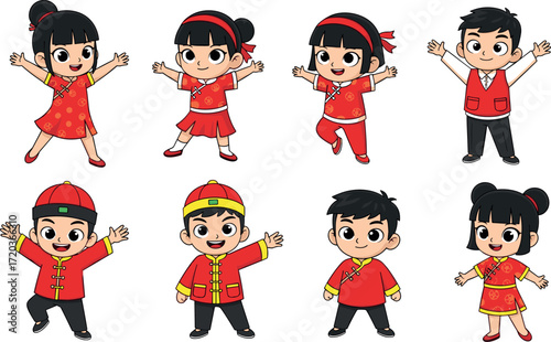 Cheerful Chinese children in traditional red festive clothing celebrating Lunar New Year with joyful expressions and cultural holiday excitement illustration